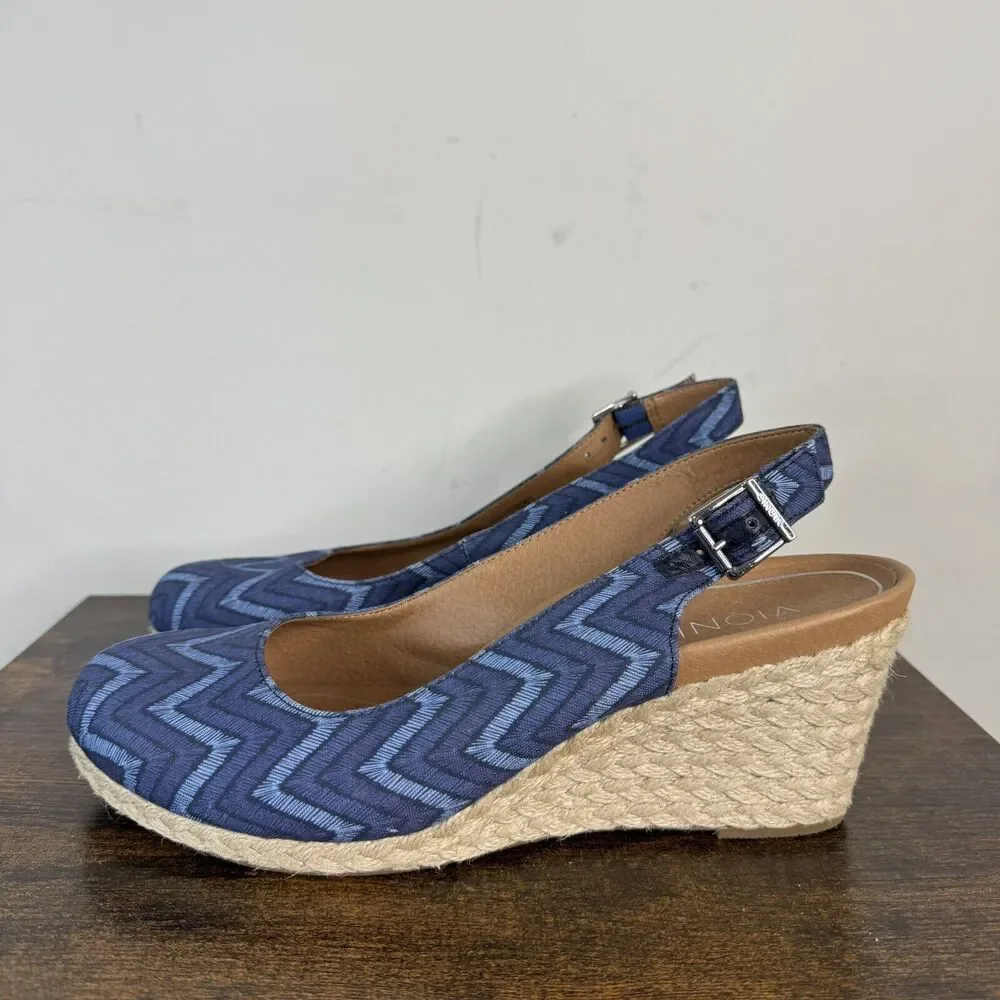 Vionic Coralina Canvas Espadrille Wedge Sandals Size 9.5 Navy Chevron